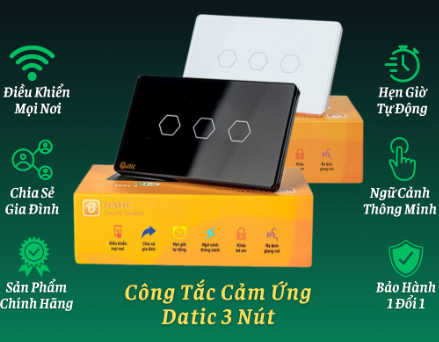 Công Tắc Cảm Ứng Datic – 3 Nút Màu Đen