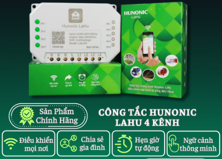 Công tắc Hunonic Lahu 4 kênh (500W/1 kênh) điều khiển từ xa